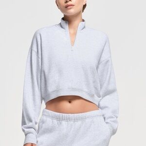SKIMS COTTON FLEECE CROPPED HALF ZIP PULLOVER | LIGHT HEATHER GREY